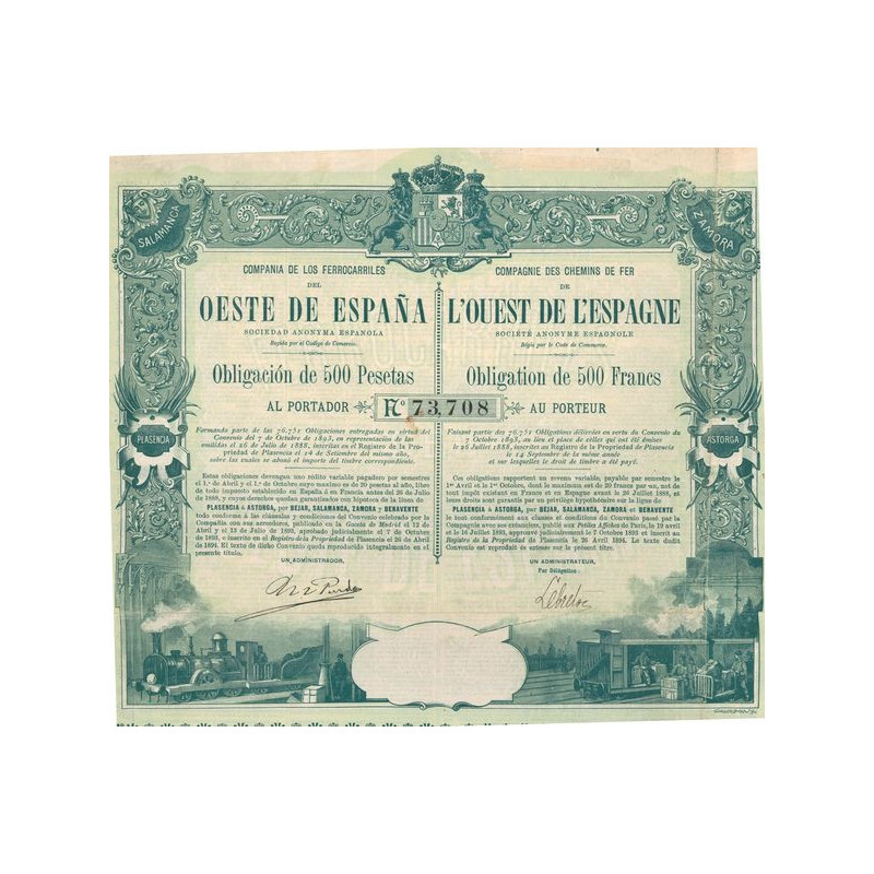 Cia de los Ferrocarriles del Oeste de España -- Cie des Chemins de Fer de l'Ouest de l'Espagne (Obl 500 F)