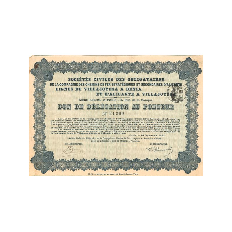 Sté Civiles des Obligataires de la Cie des Chemins de Fer Stratégiques et Secondaires d'Alicante - Lignes de Villajoyosa à Denia