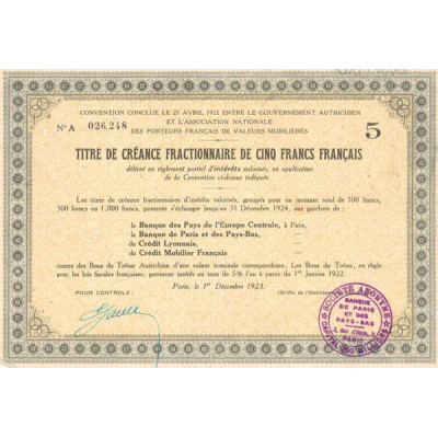 Convention Conclue le 27 avril 1922 entre le Gouvernement Autrichien et l'Association Nationale des Porteurs Français de Valeurs
