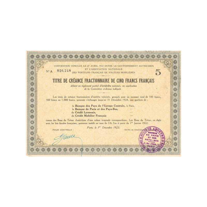 Convention Conclue le 27 avril 1922 entre le Gouvernement Autrichien et l'Association Nationale des Porteurs Français de Valeurs