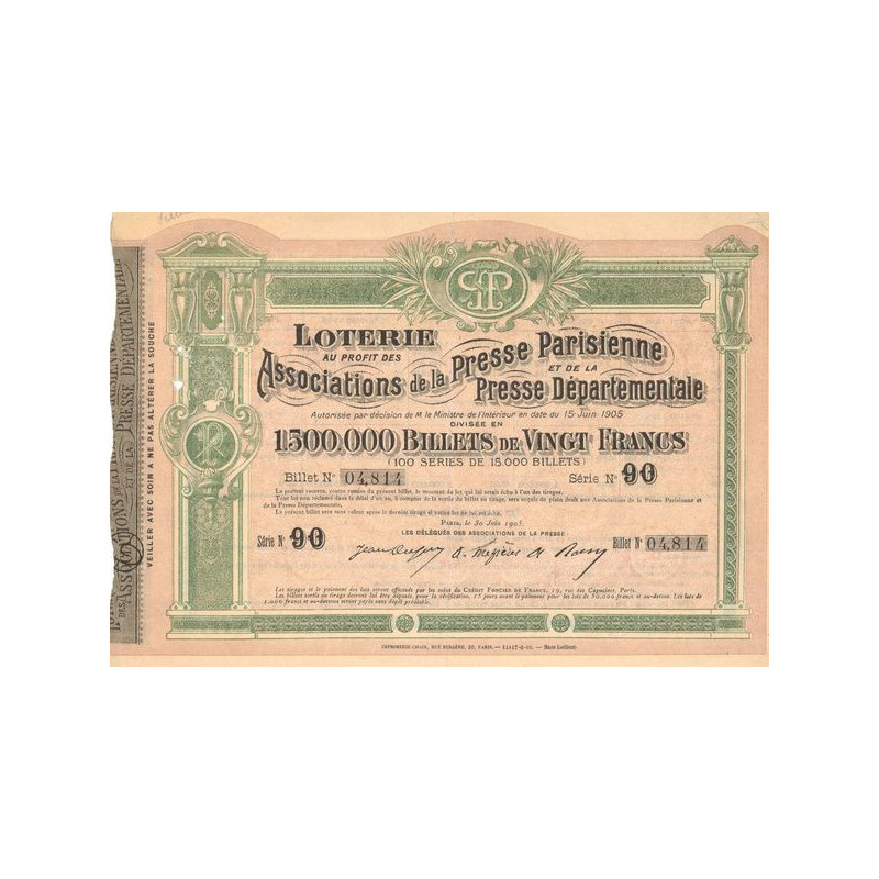Loterie au Profit des Associations de la Presse Parisienne et de la Presse Départementale (Billet de 20 F)