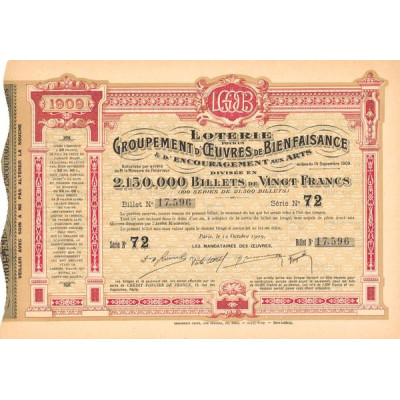 Loterie pour un Groupement d'Œuvres de Bienfaisance & d'Encouragement aux Arts (Billet de 20 F)