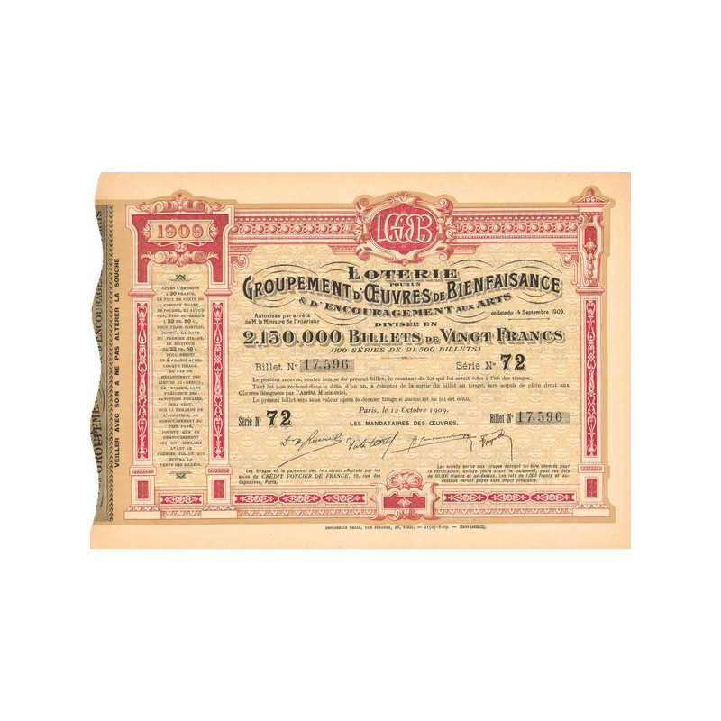 Loterie pour un Groupement d'Œuvres de Bienfaisance & d'Encouragement aux Arts (Billet de 20 F)