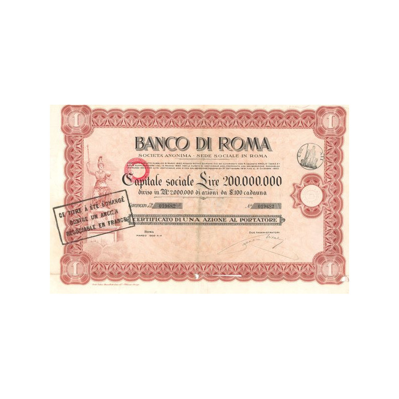 Banco di Roma S.A. (Certif Act 0.1 $ Capital 200 000 000 Lire)