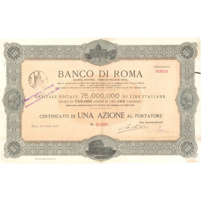Banco di Roma S.A. (Certif 1 Act 100 lire Capital 75 000 000 Lire)