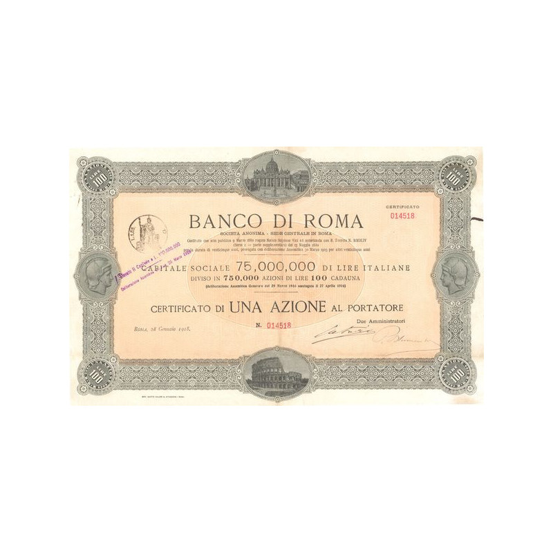 Banco di Roma S.A. (Certif 1 Act 100 lire Capital 75 000 000 Lire)