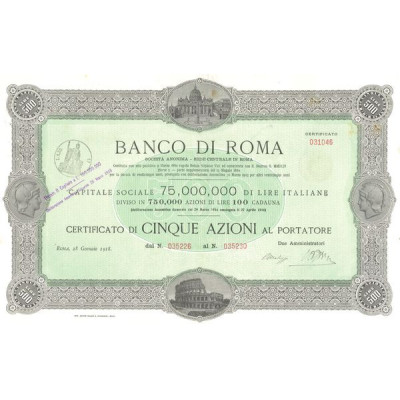 Banco di Roma S.A. (Certif 5 Act 100 lire Capital 75 000 000 Lire)