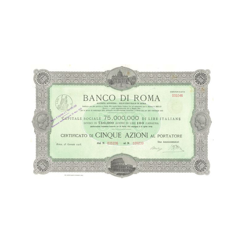 Banco di Roma S.A. (Certif 5 Act 100 lire Capital 75 000 000 Lire)