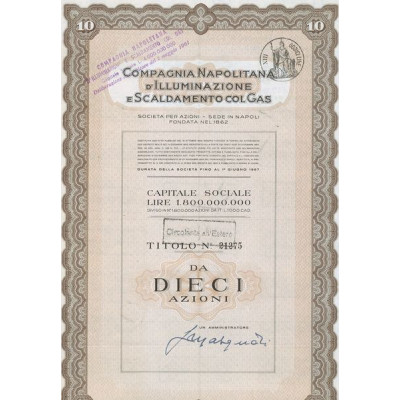 Compagnia Napolitana D'Illuminazione e Scaldamento Colgas (Titre 10 Act - Capital 1 800 000 000 Lires)