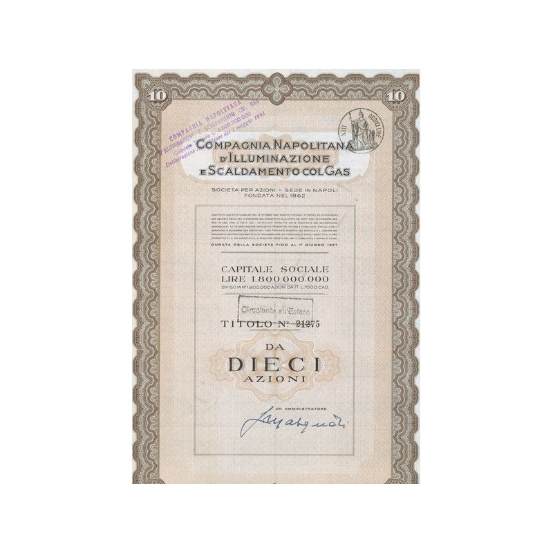 Compagnia Napolitana D'Illuminazione e Scaldamento Colgas (Titre 10 Act - Capital 1 800 000 000 Lires)