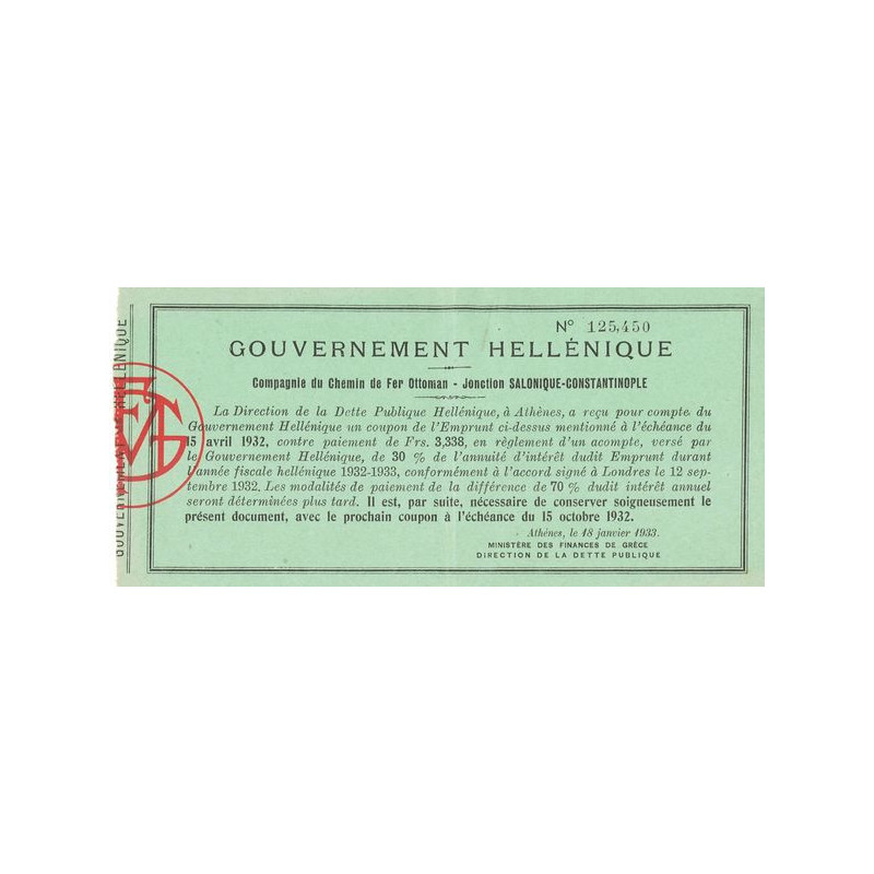 Gvt Hellénique - Cie du Chemin de Fer Ottoman Jonction Salonique-Constantinople (Dette)