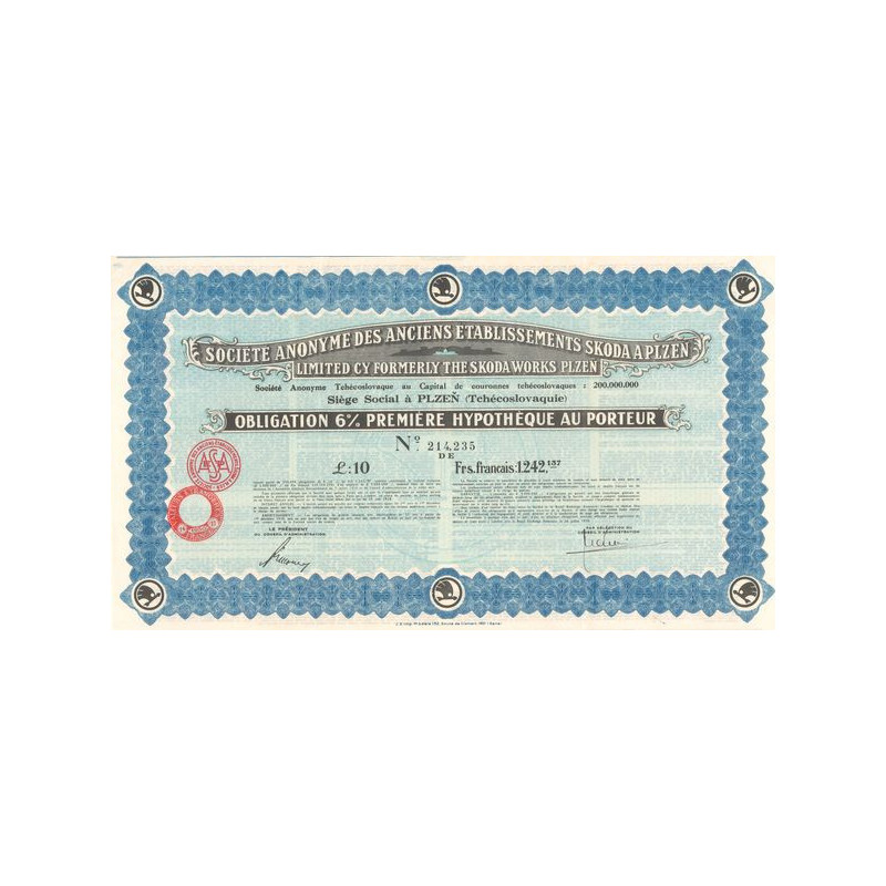 S.A. des Anciens Etablissements Skoda à Plzen (Obl 10 £ 6%)