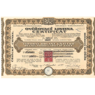 Overovaci Listina Certificat de l'Office Public pour le Marquage du Houblon à Ustek (Certif)