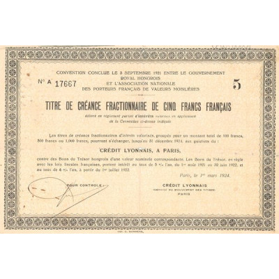 Convention Conclue le 3 septembre 1921 entre le Gouvernement Royal Hongrois et l'Association Nationale des Porteurs Français de 