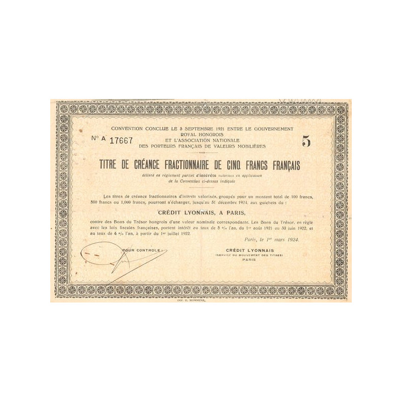 Convention Conclue le 3 septembre 1921 entre le Gouvernement Royal Hongrois et l'Association Nationale des Porteurs Français de 