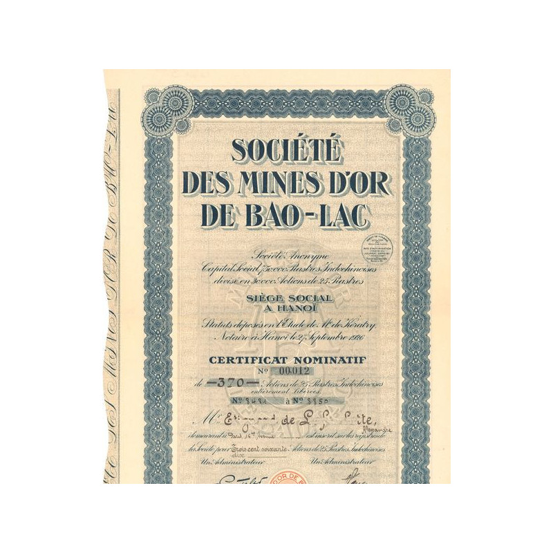 Sté des Mines d'Or de Bao-Lac (Certif Nomin)