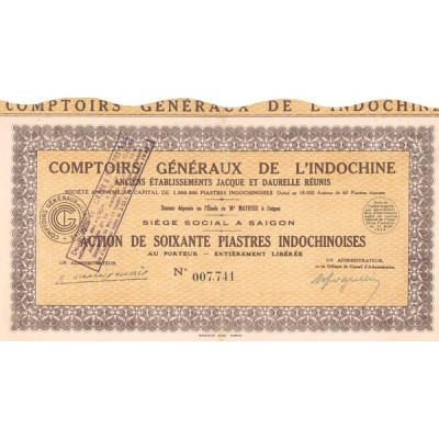 Comptoirs Généraux de l'Indochine - Anc Ets Jacque et Daurelle Réunis (Act 60 Pistres Indochinoises)