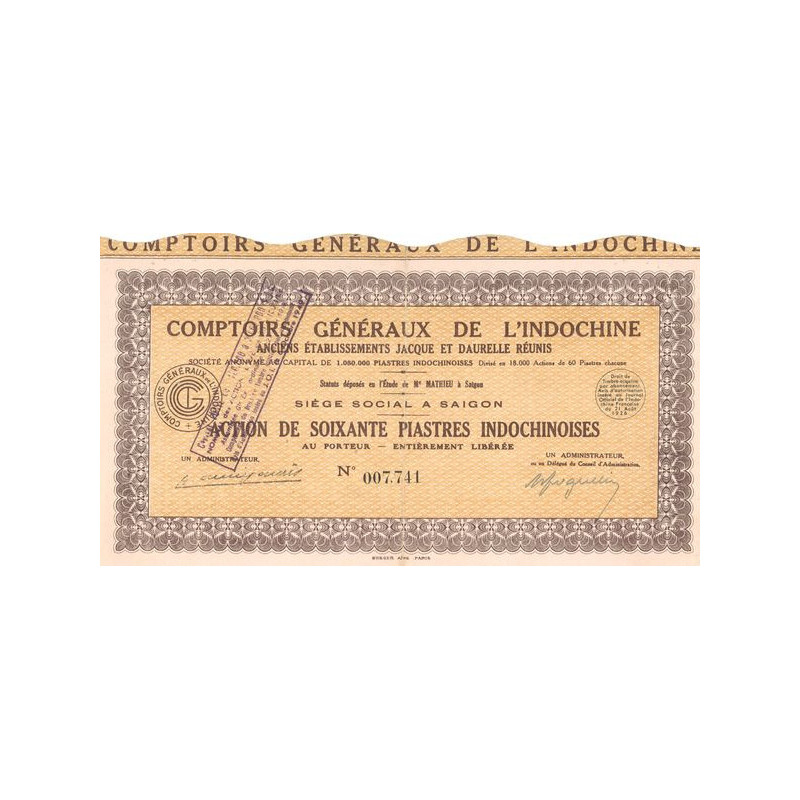 Comptoirs Généraux de l'Indochine - Anc Ets Jacque et Daurelle Réunis (Act 60 Pistres Indochinoises)