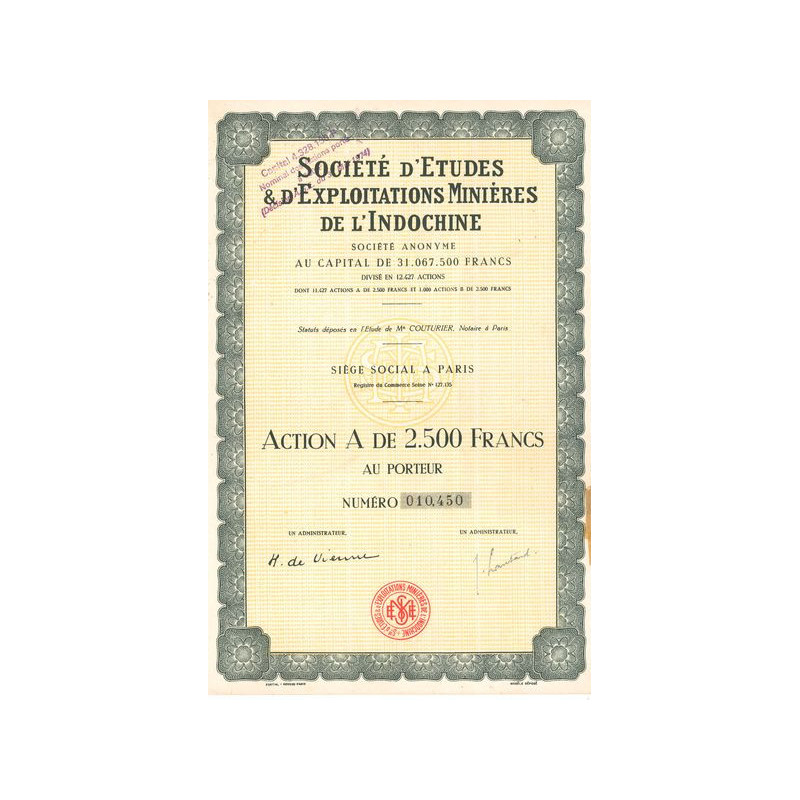 Sté d'Etudes & d'Exploitations Minières de l'Indochine (Act A 2500 F)