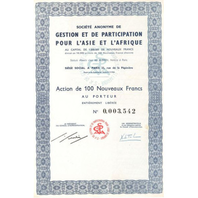 S.A. de Gestion et de Participation pour l'Asie et l'Afrique (Act 100 NF)