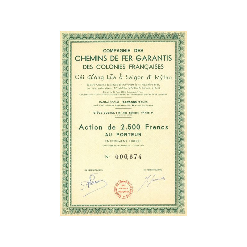 Cie des Chemins de Fer Garantis des Colonies Françaises (Act 2500 F)