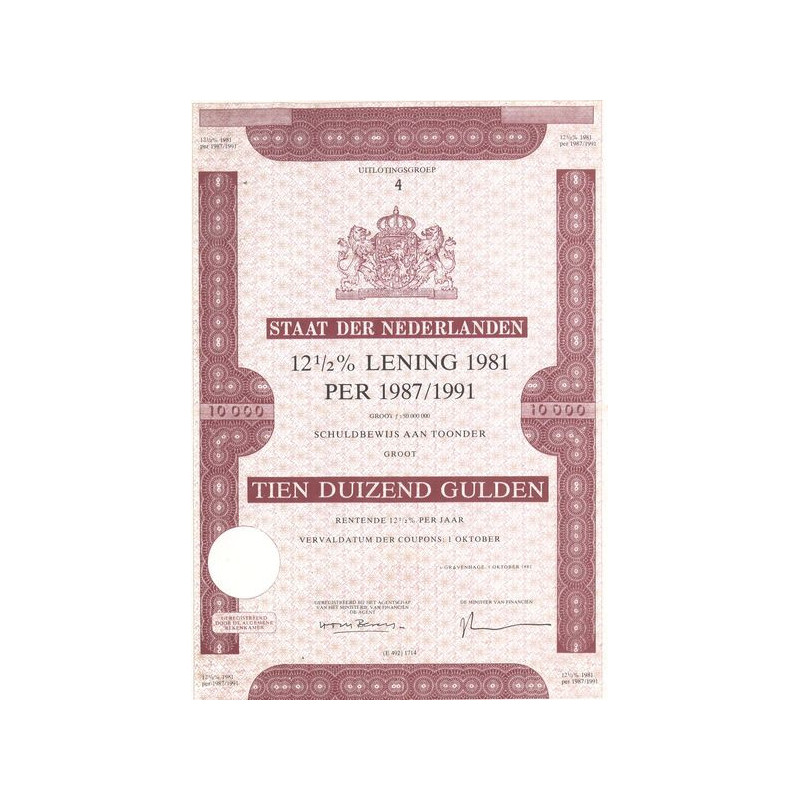 Staat der Nederlanden 12 1/2 % Lening 1981 per 1987/1991 (Act 10000 Florins)