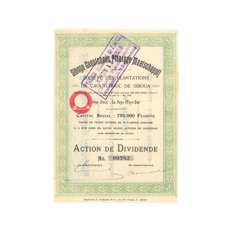 Sté des Plantations de Caoutchouc de Siboga (Titre 01 Act Dividende)