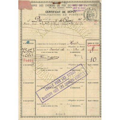 Cie des Chemins de Fer du Sud de l'Autriche (Certif de Dépôt Obl)
