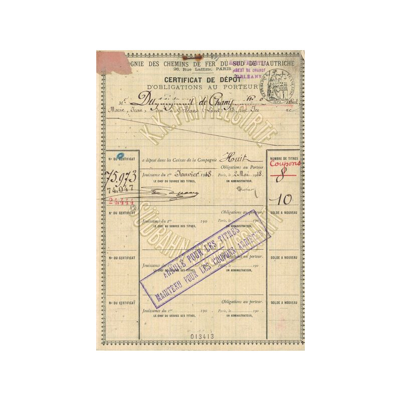 Cie des Chemins de Fer du Sud de l'Autriche (Certif de Dépôt Obl)