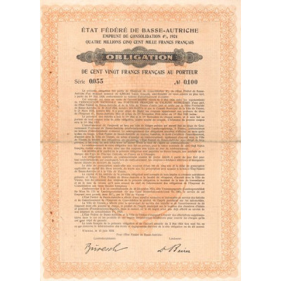Etat Fédéré de Basse-Autriche - Emprunt de Consolidation 4% 1924 (Obl 120 F)