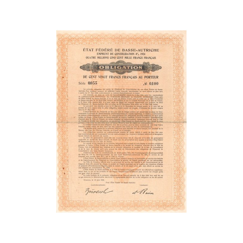 Etat Fédéré de Basse-Autriche - Emprunt de Consolidation 4% 1924 (Obl 120 F)