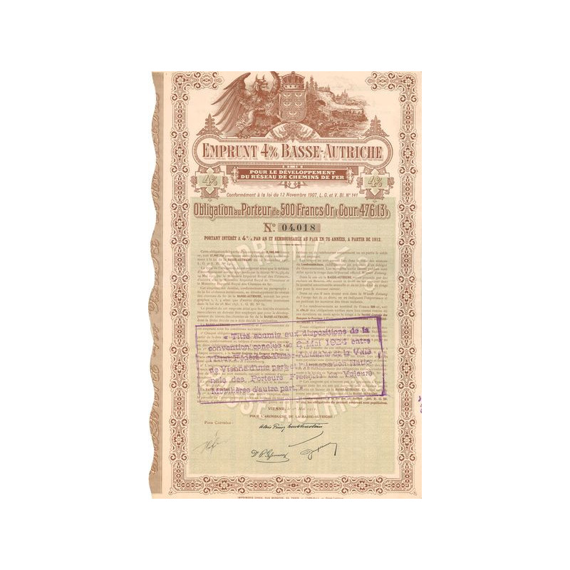 Emprunt 4% Basse-Autriche pour le Développement du Réseau de Chemins de Fer (Obl 500 F Or)