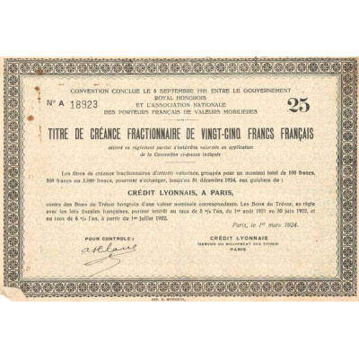 Convention Conclue le 3 septembre 1921 entre le Gouvernement Royal Hongrois et l'Association Nationale des Porteurs Français de 