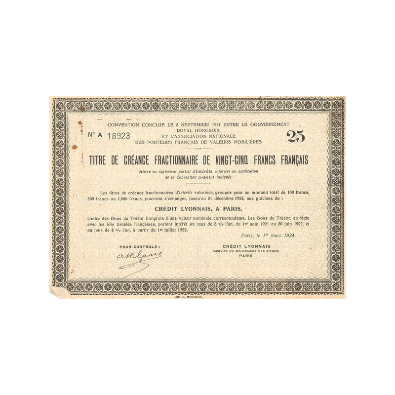 Convention Conclue le 3 septembre 1921 entre le Gouvernement Royal Hongrois et l'Association Nationale des Porteurs Français de 