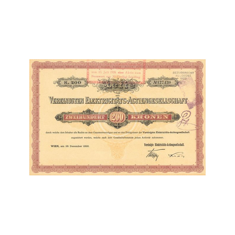 Actie der Vereinigten Elektricitäts-Actiengesellschaft (Act 200 Couronnes)