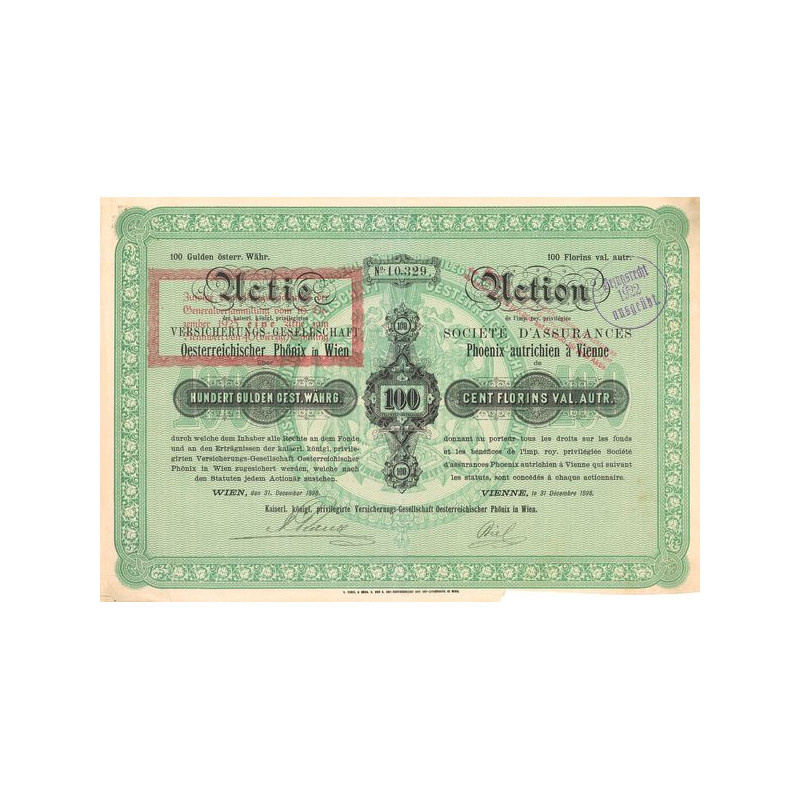 Sté d'Assurances Phoenix Autrichien à Vienne (Act 100 Florins)