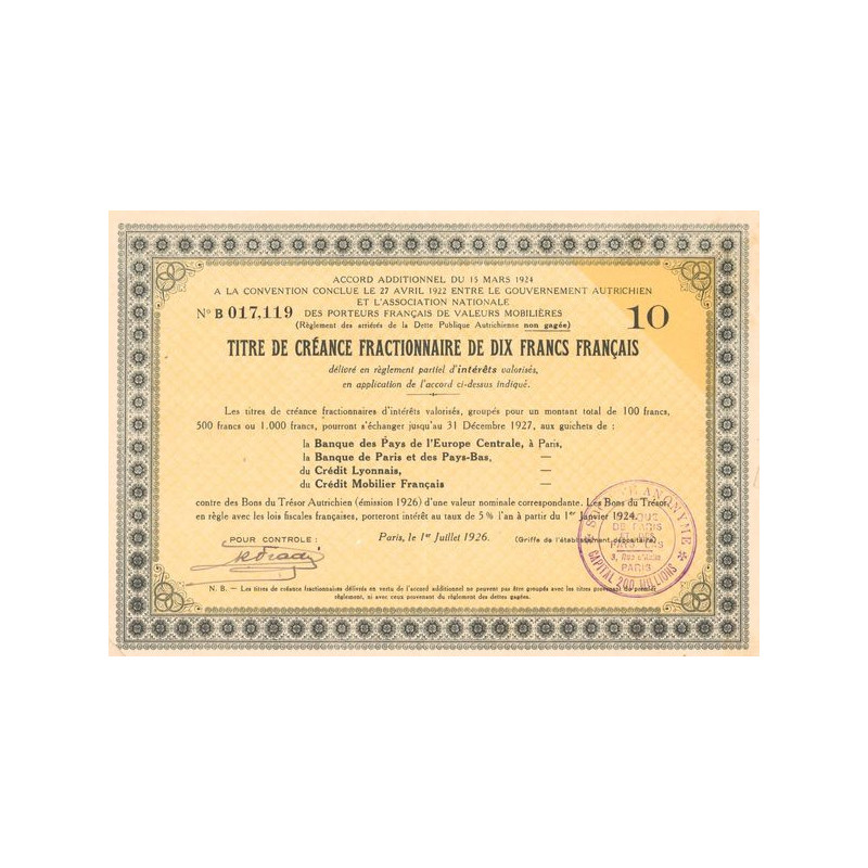 Accord Additionnel du 15 mars 1924 à la Convention conclue le 27 avril 1922 entre le Gouvernement Autrichien et l'Association Na