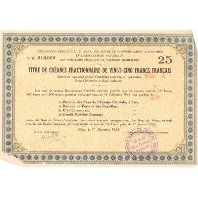 Convention Conclue le 27 avril 1922 entre le Gouvernement Autrichien et l'Association Nationale des Porteurs Français de Valeurs