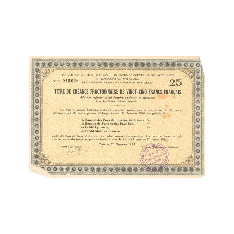 Convention Conclue le 27 avril 1922 entre le Gouvernement Autrichien et l'Association Nationale des Porteurs Français de Valeurs