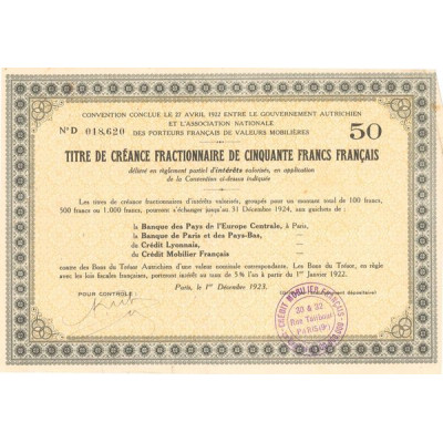 Convention Conclue le 27 avril 1922 entre le Gouvernement Autrichien et l'Association Nationale des Porteurs Français de Valeurs