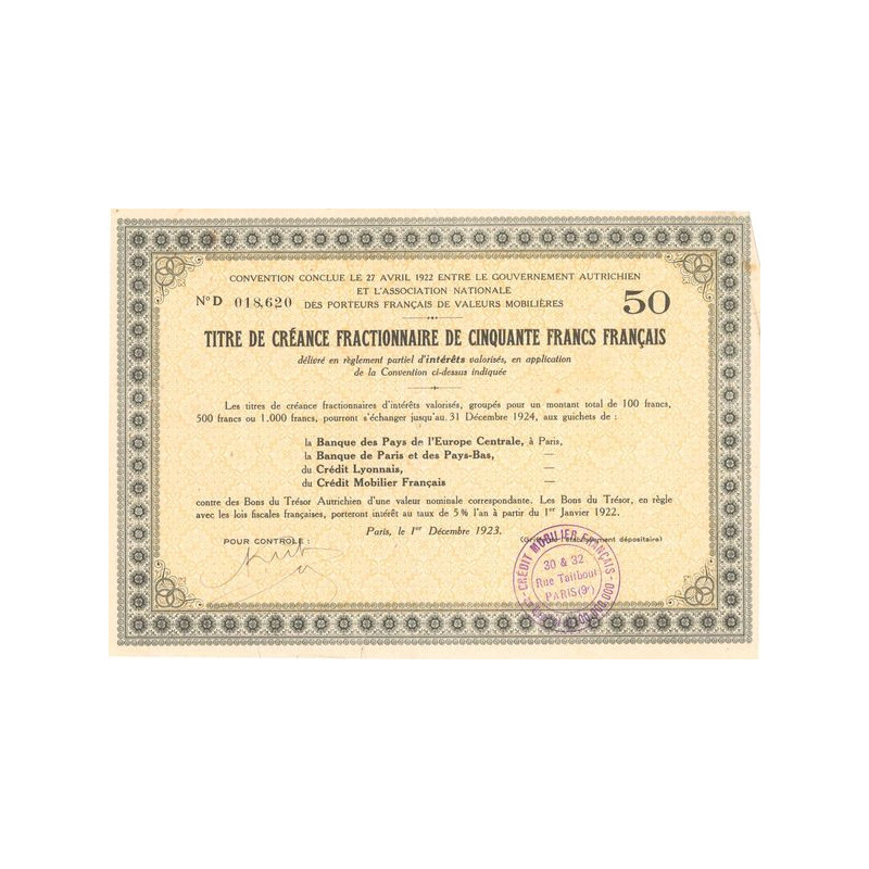 Convention Conclue le 27 avril 1922 entre le Gouvernement Autrichien et l'Association Nationale des Porteurs Français de Valeurs