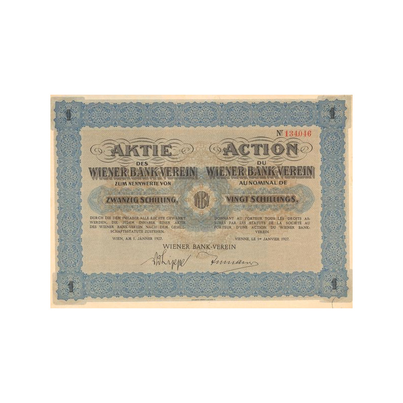 Action du Wiener Bank-Verein (Titre 01 Act 20 Schillings)