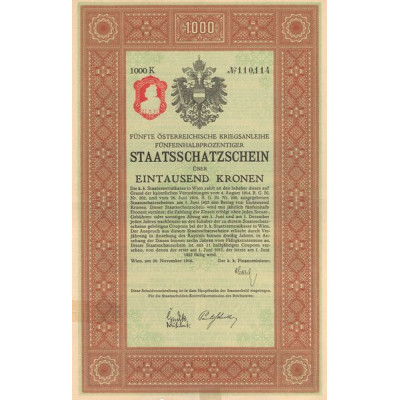 Fünfte Österreichische Kriegsanleihe Fünfeinhalbprozentiger Staatsschatzschein (Act 1000 Kr)