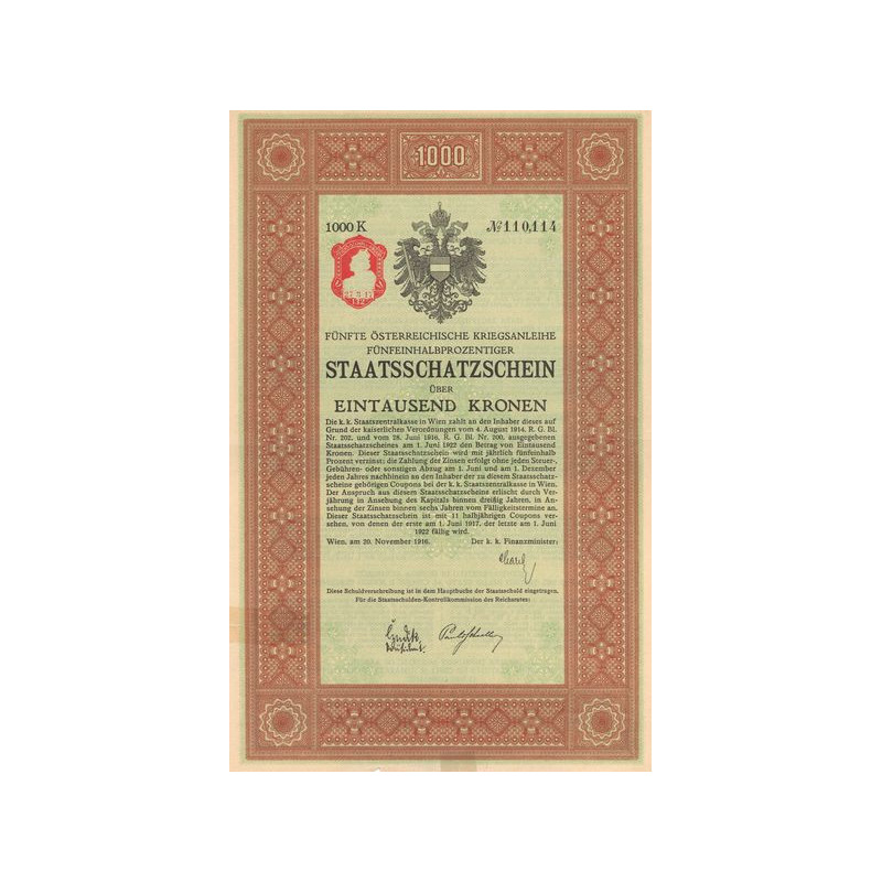 Fünfte Österreichische Kriegsanleihe Fünfeinhalbprozentiger Staatsschatzschein (Act 1000 Kr)