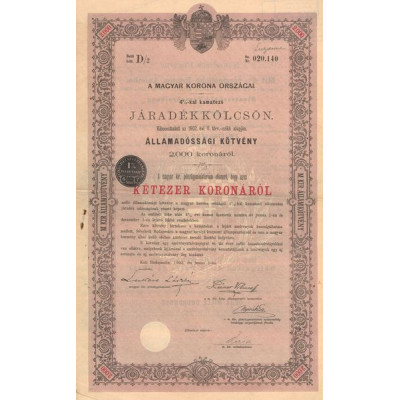 A Magyar Korona Orszagai 4% Jaradékkölcsön (Lettre D/2) - (Act 2000 K)