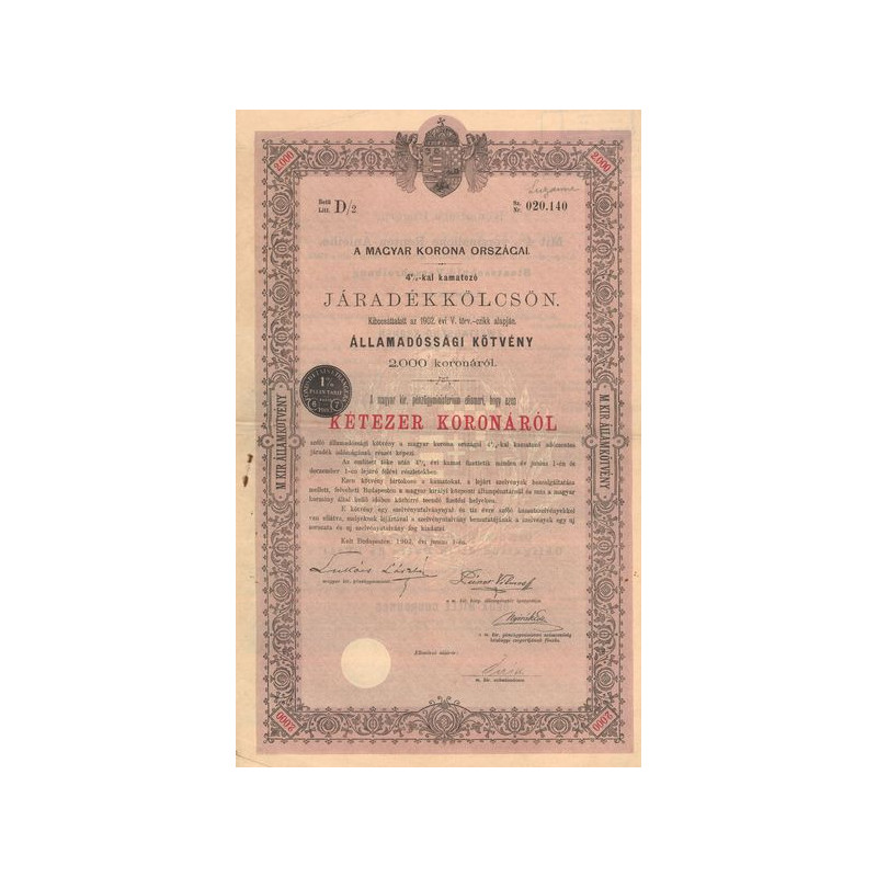 A Magyar Korona Orszagai 4% Jaradékkölcsön (Lettre D/2) - (Act 2000 K)