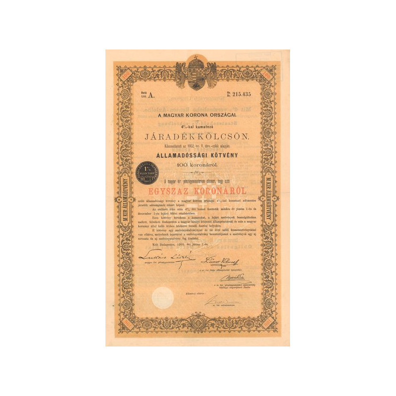 A Magyar Korona Orszagai 4% Jaradékkölcsön (Lettre A) - (Act 100 K)