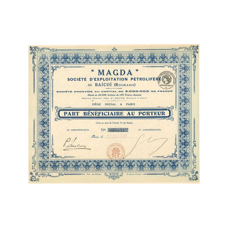 "MAGDA" Sté d'Exploitation Pétrolifère de Baicoï (Roumanie) (PB)