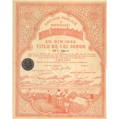Datoria Publica a Romaniei - Renta Împroprietaririi 5 % din 1922 (Act 10000 Lei)