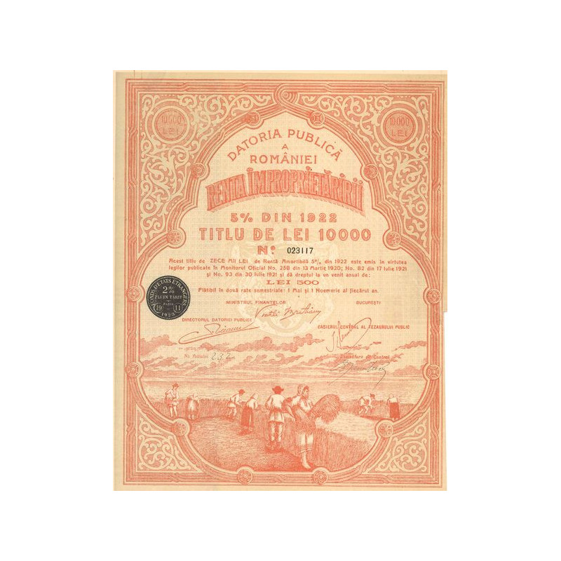 Datoria Publica a Romaniei - Renta Împroprietaririi 5 % din 1922 (Act 10000 Lei)